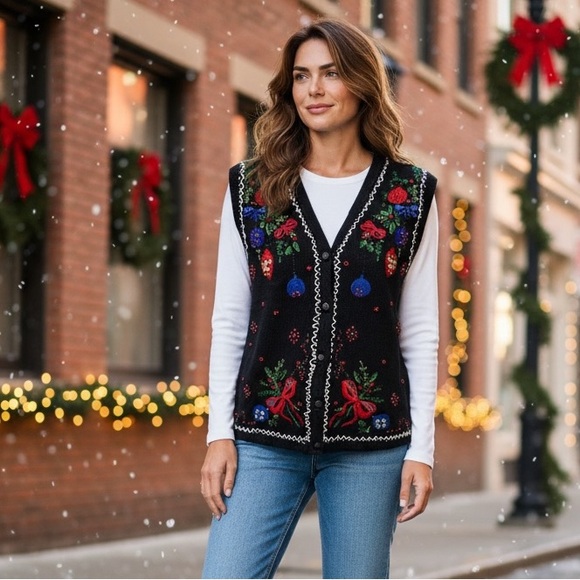 ERIKA Black Embroidered Sequins Ugly Christmas Holiday Vest Sweater Size Large - Picture 3 of 16